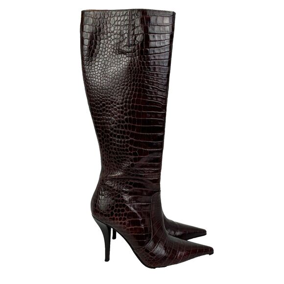 Via Spiga Croc Embossed Leather Heeled Boots Chocolate Brown Pointed Toe sz 6.5 - Picture 1 of 16
